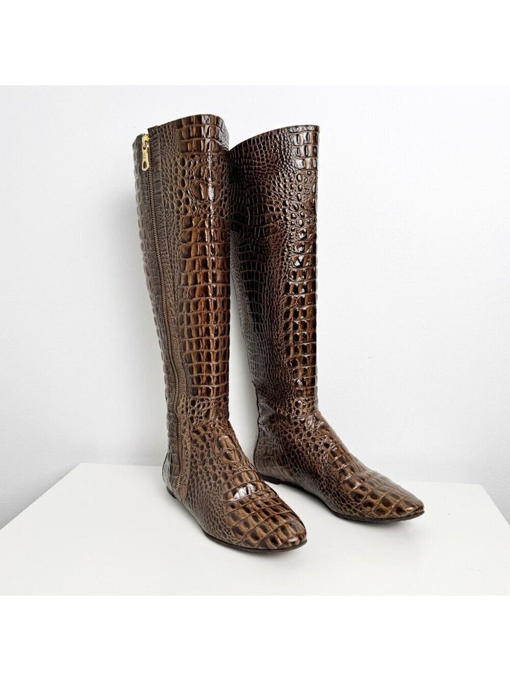 BCBGMAXAZRIA croc embossed hidden wedge knee high boots brown size 6